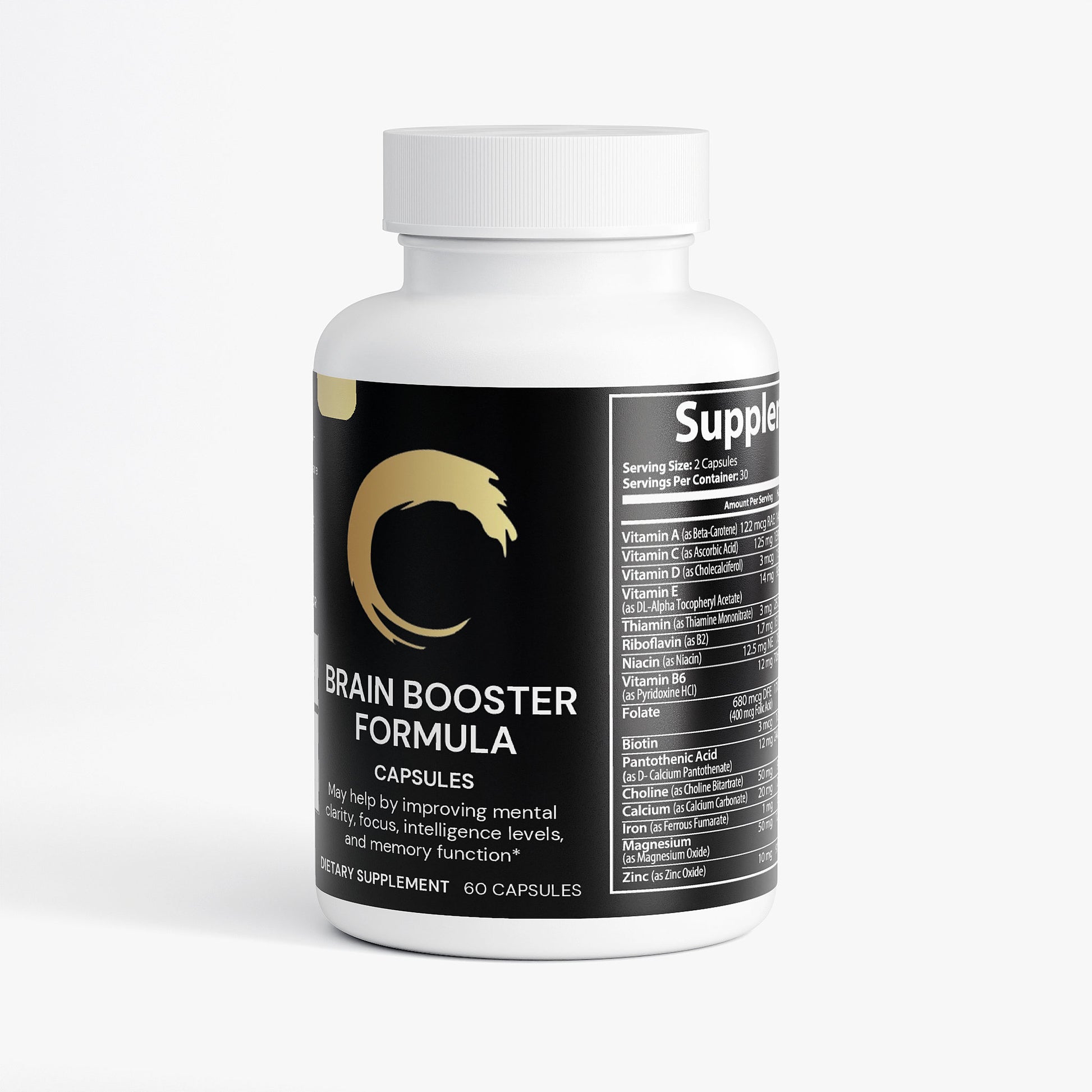 Supplement bottle labeled 'Brain Booster Formula' on a white background